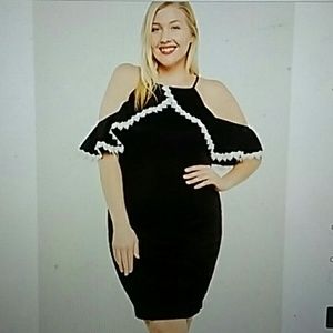 Black White Lace Cold Shoulder Halter Dress